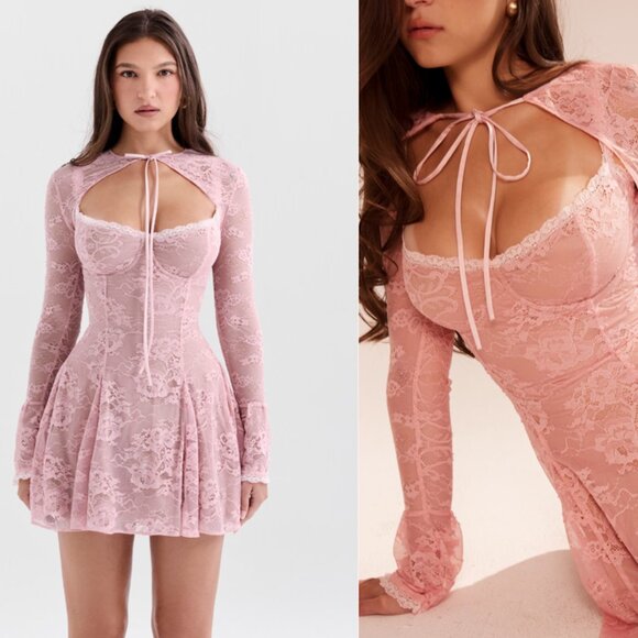 HOUSE OF CB 'Alice' Perfectly Pink Lace Mini Dress NWOT - Picture 1 of 9